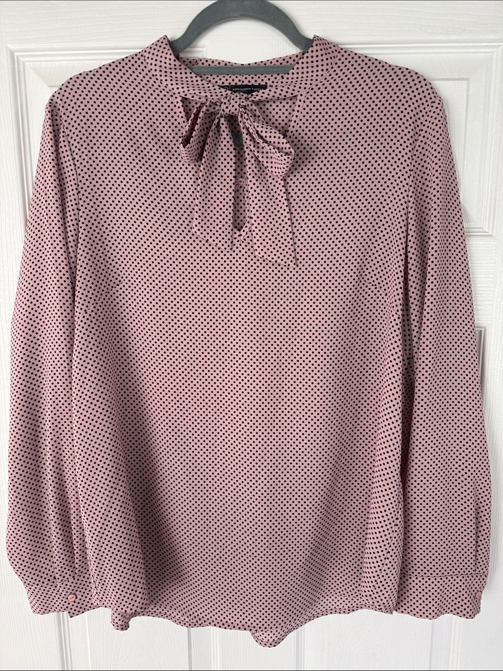 Women’s Bow-Neck Long Sleeve Blouse - Dusty Rose with Black Dots